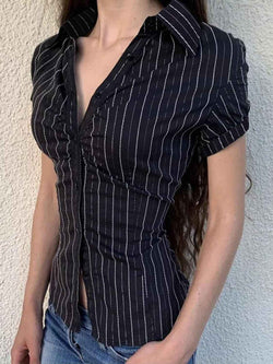 Devine Button Down Striped Collared Neck Short Sleeve Shirt - Damned Threads