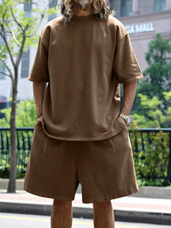 Men's Full Size Round Neck Short Sleeve Top and Shorts Set Plus Size