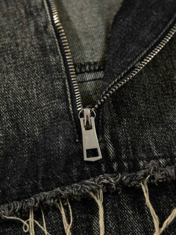 Men's Distressed Denim Patchwork Oversized Hoodie with Frayed Details