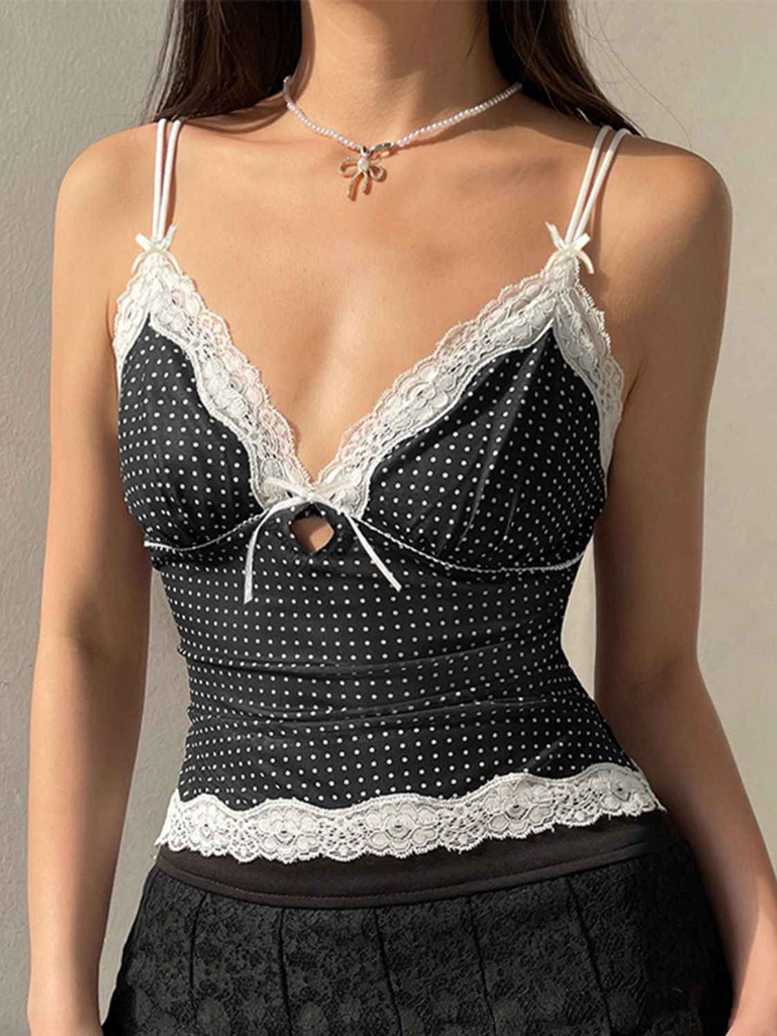 Devine Lace Detail Polka Dot V-Neck Cami - Damned Threads