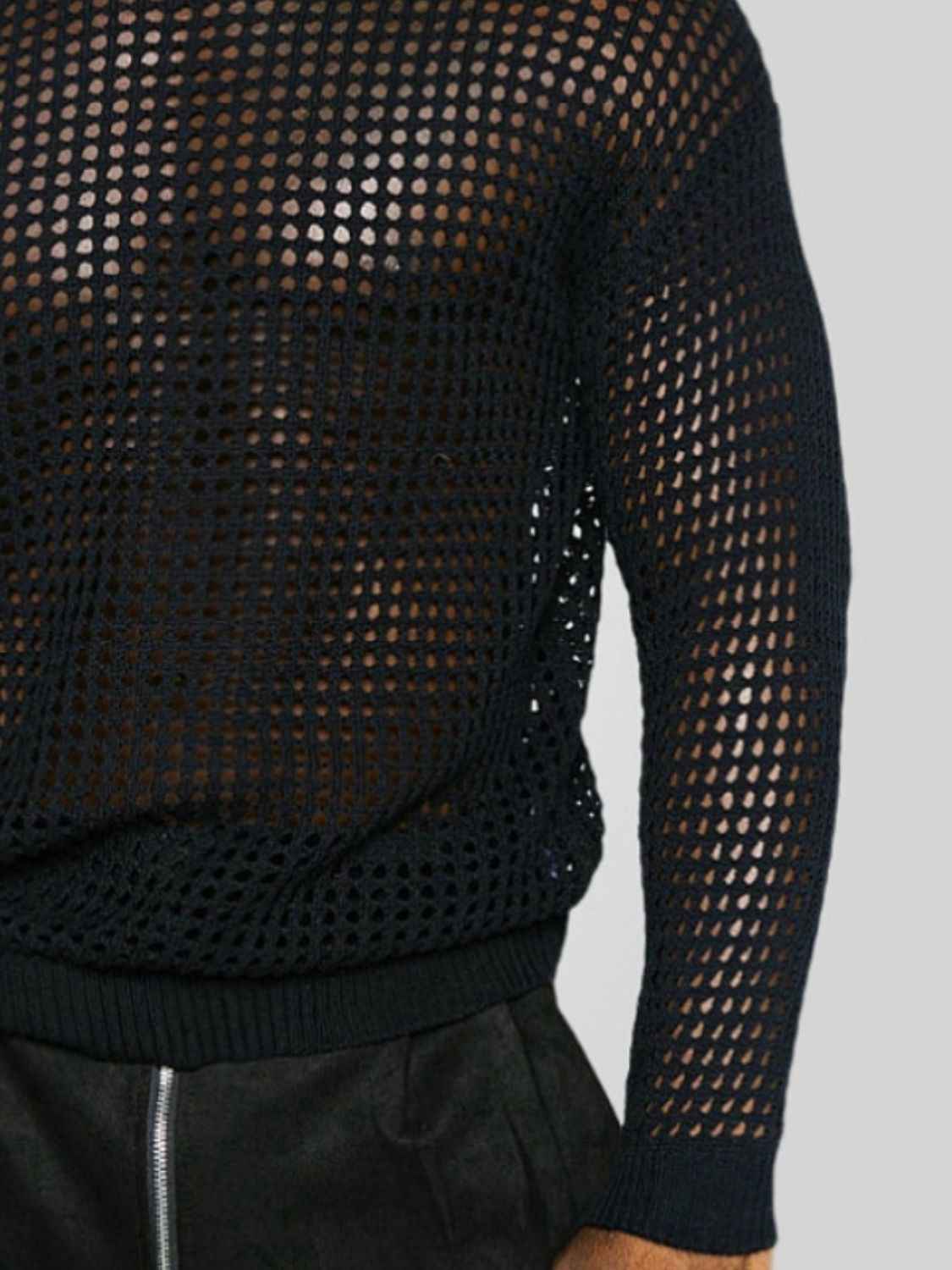 Men's Full Size Fishnet Round Neck Long Sleeve Top Plus Size - Damned Threads