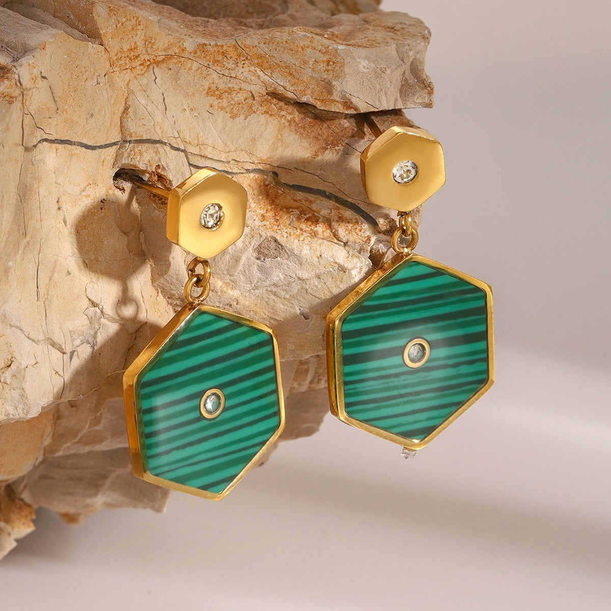 18K Gold Hexagonal Inlaid Stone Earrings - Damned Threads