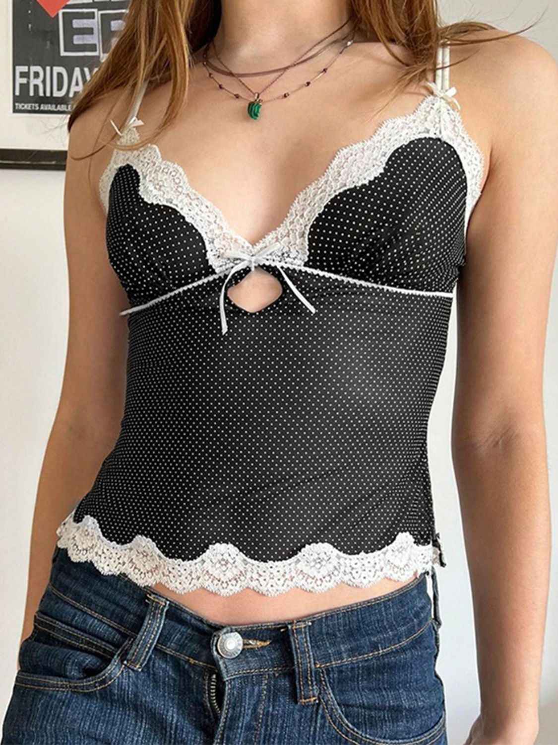 Devine Lace Detail Polka Dot V-Neck Cami - Damned Threads