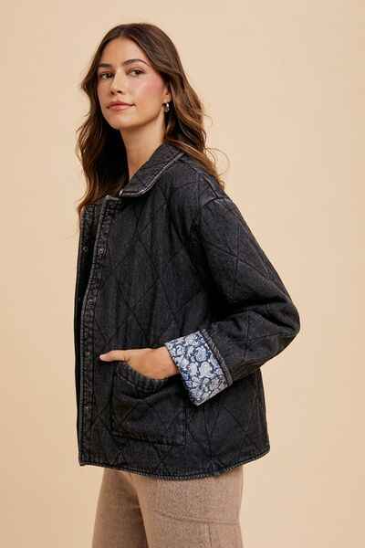 Annie Wear Quilted Printed Lining Snap Down Denim Jacket - Damned Threads