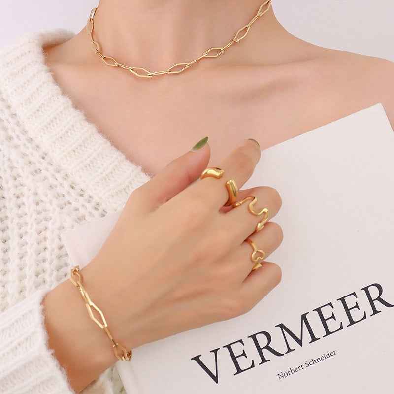 18K Gold Geometric Design Luxury Bracelet Necklace Set - Damned Threads