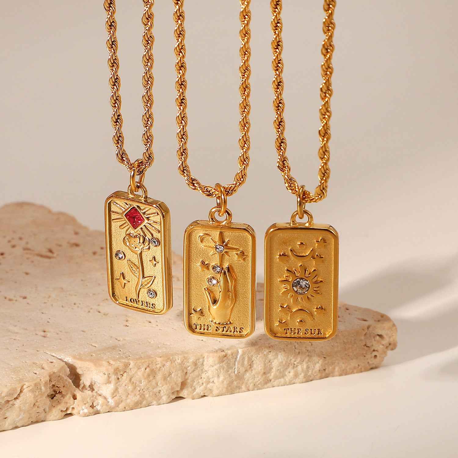 18K  Gold & Zirconia Sun & Star Pendant Necklace - Damned Threads