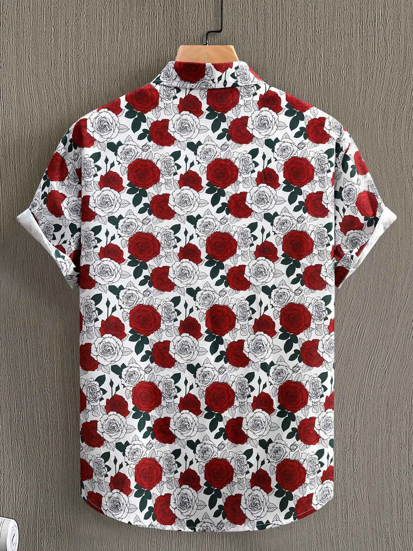 Men's Rose Print Short Sleeve Button-Up Shirt