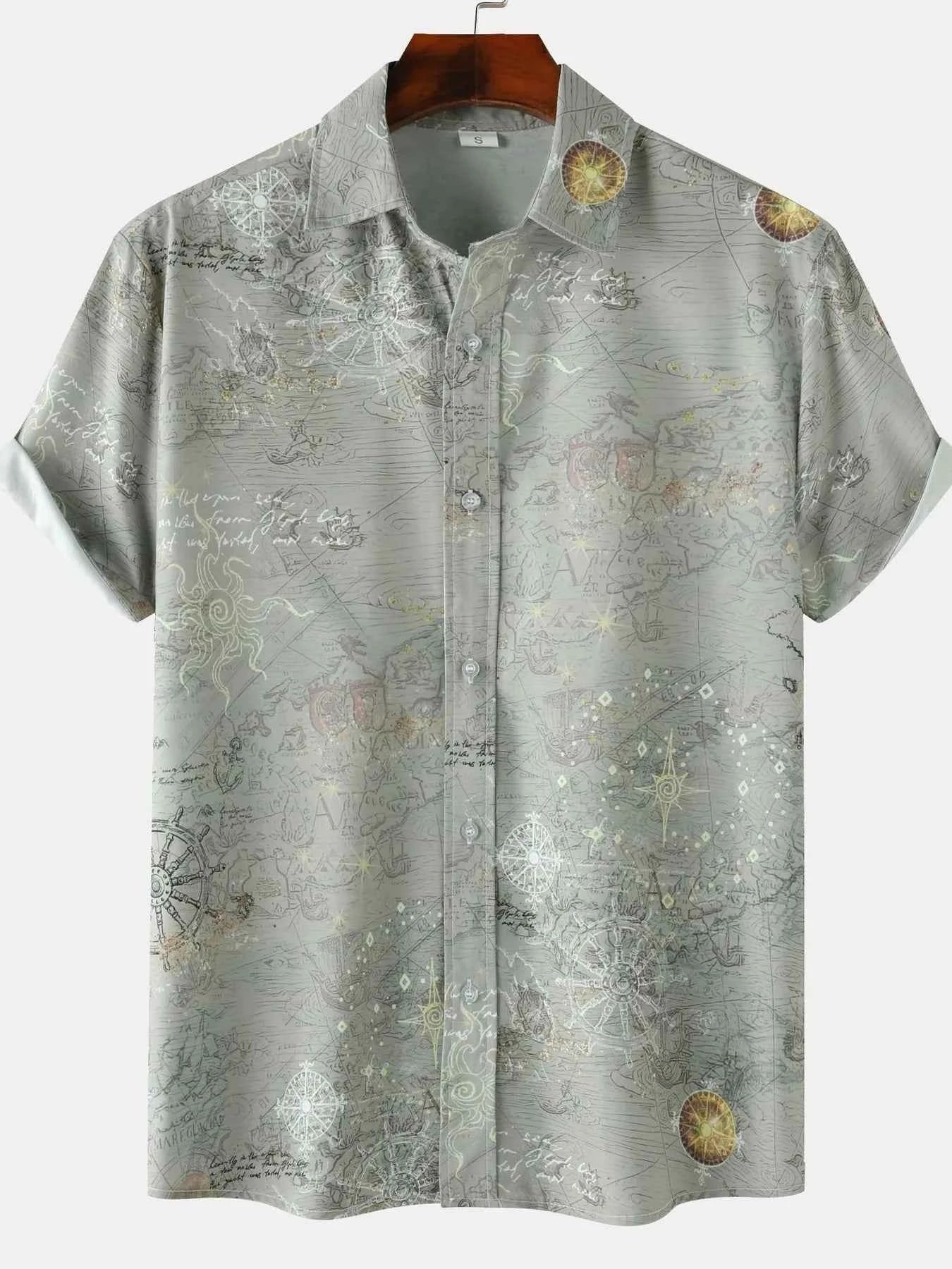 Men's Vintage Map Print Short Sleeve Button Down Shirt