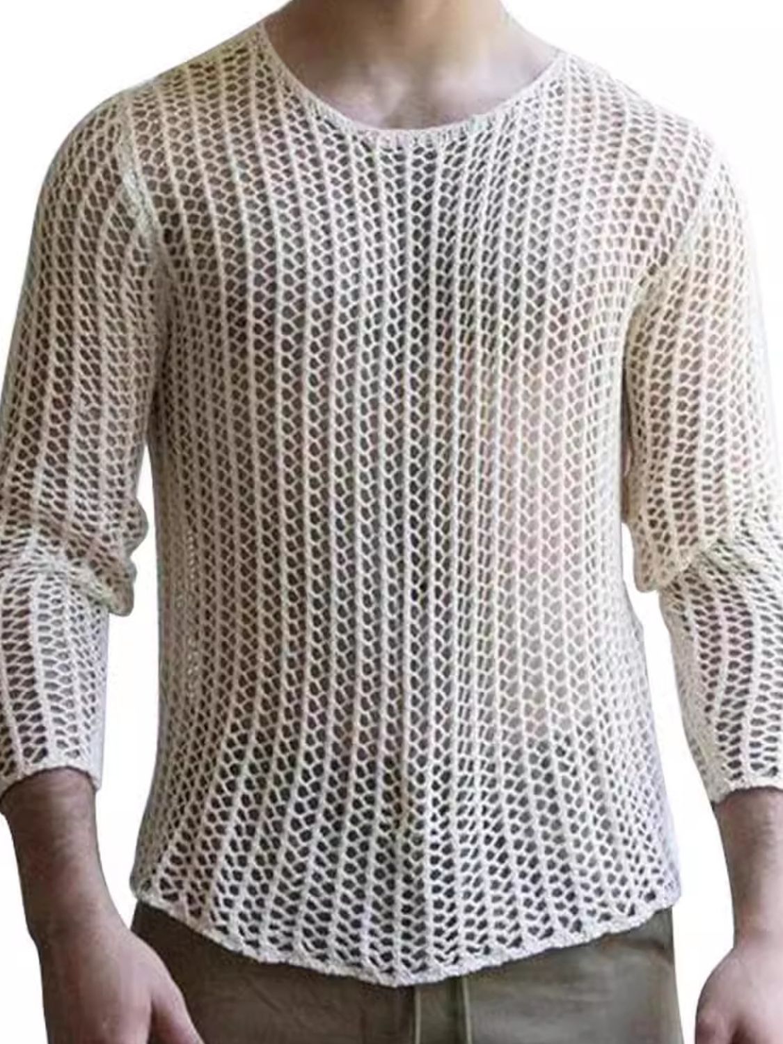 Men's Full Size Hollow Out Round Neck Long Sleeve Top Plus Size - Damned Threads