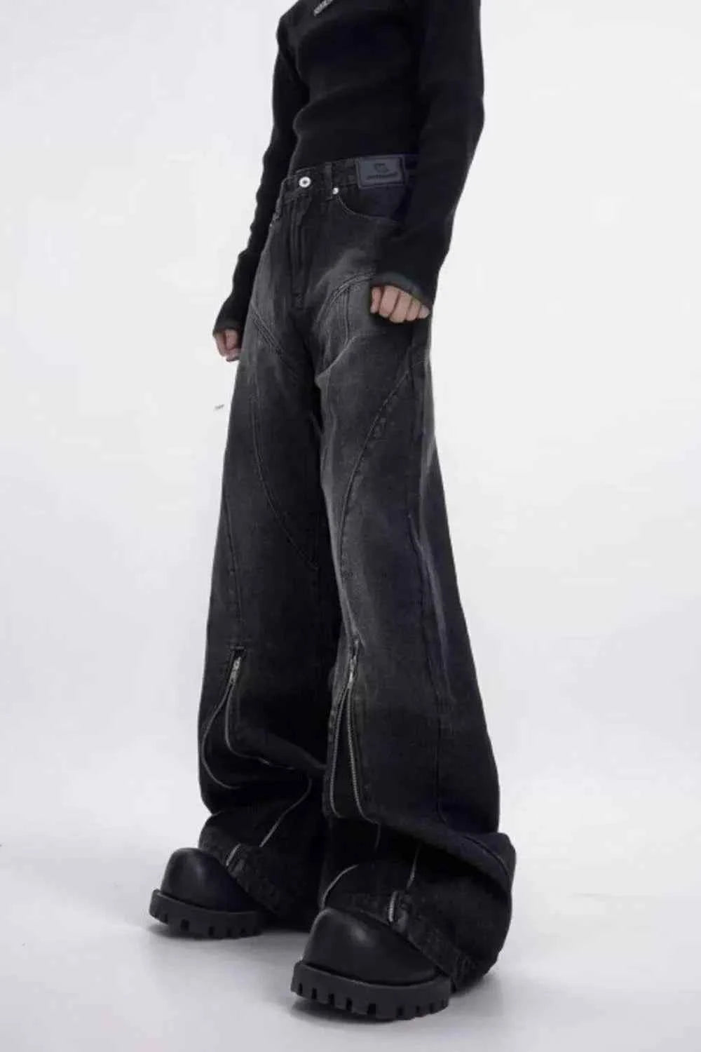 Men's Plus Size Washed Flare Jeans with Zipper Detail