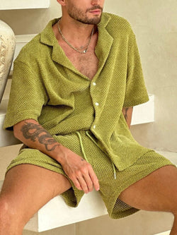 Men's Plus Size Button Down Half Sleeve Top and Shorts Set - Damned Threads
