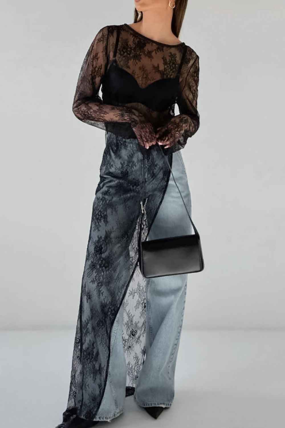 Fringe Round Neck Long Sleeve Lace Sheer Top - Damned Threads