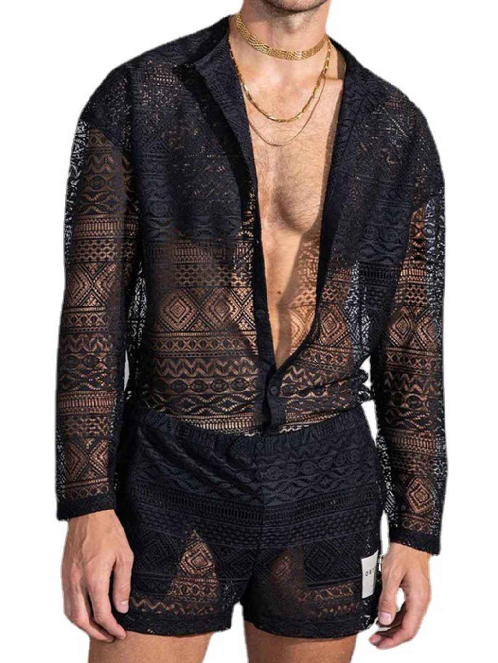 Men's Full Size Lace Button Down Top and Shorts Set Plus Size - Damned Threads