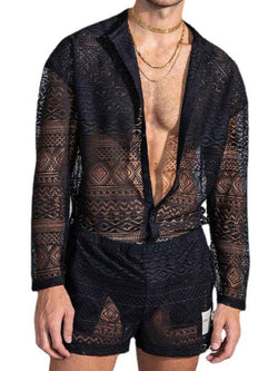 Men's Full Size Lace Button Down Top and Shorts Set Plus Size - Damned Threads
