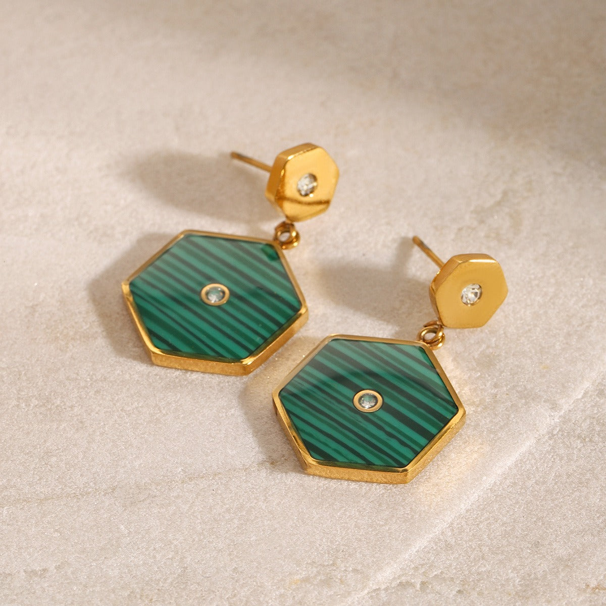 18K Gold Hexagonal Inlaid Stone Earrings - Damned Threads