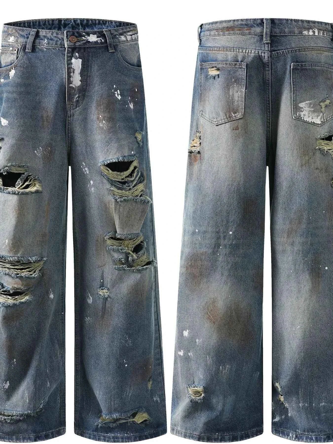 Men's Distressed Washed Wide Leg Jeans