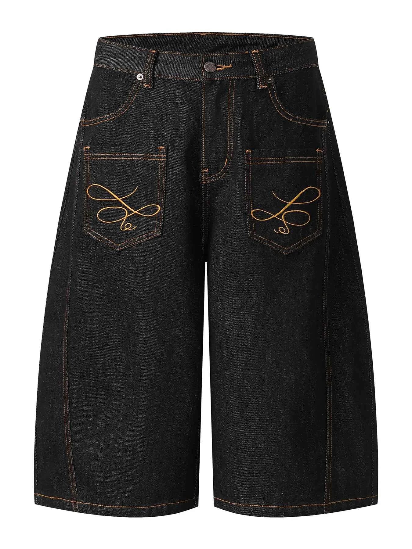 Men's Wide Leg Denim Shorts with Embroidered Pocket Detail
