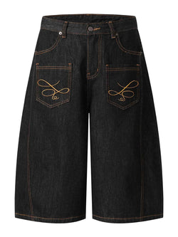 Men's Wide Leg Denim Shorts with Embroidered Pocket Detail