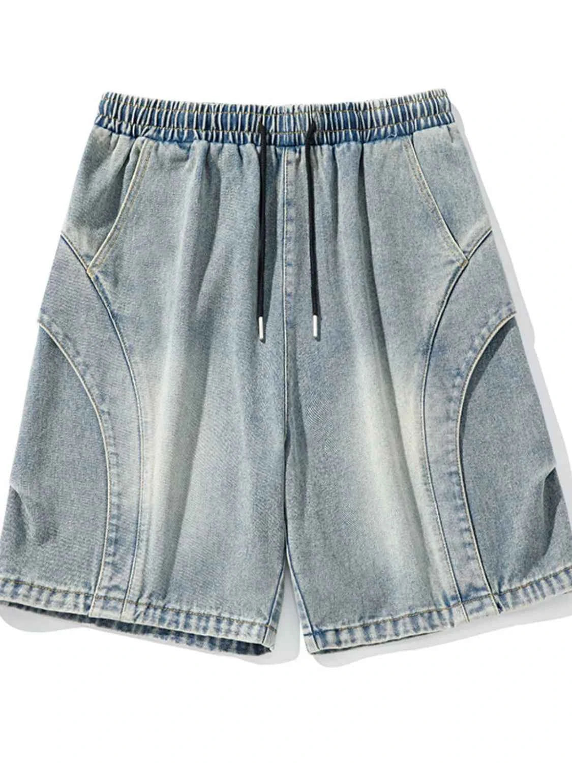 Men's Plus Size Drawstring Denim Shorts with Stitching Detail