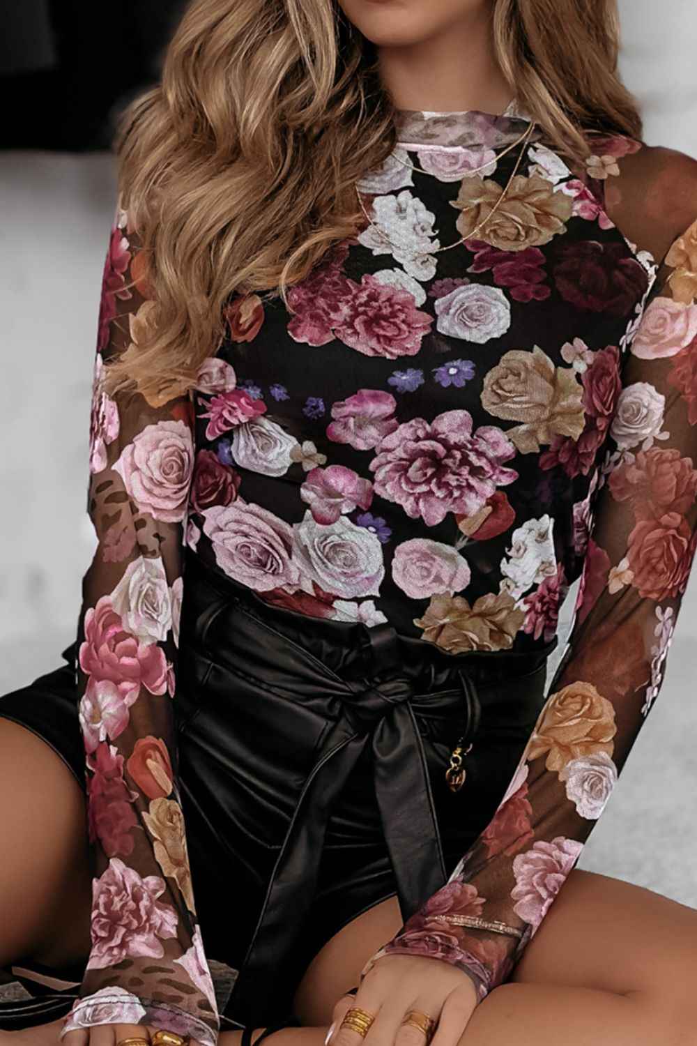Floral Mock Neck Long Sleeve Mesh Top - Damned Threads