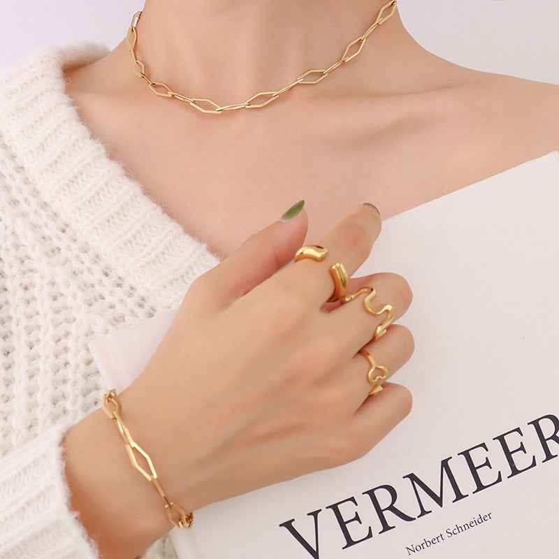 18K Gold Geometric Design Luxury Bracelet Necklace Set - Damned Threads