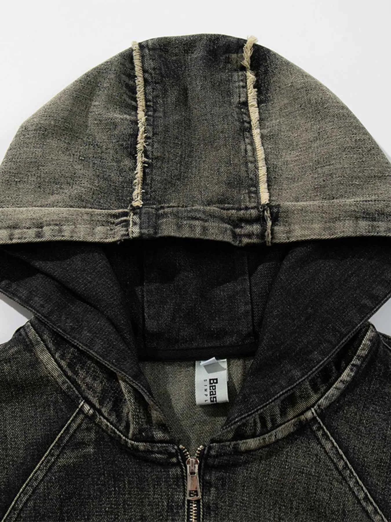 Men's Distressed Denim Patchwork Oversized Hoodie with Frayed Details