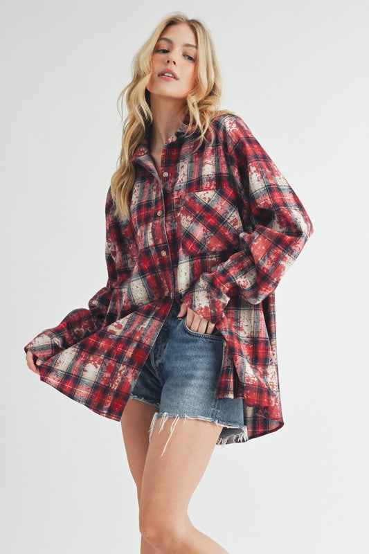 Aemi + Co Washed Plaid Button Up Raglan Sleeve Flannel Shirt - Damned Threads