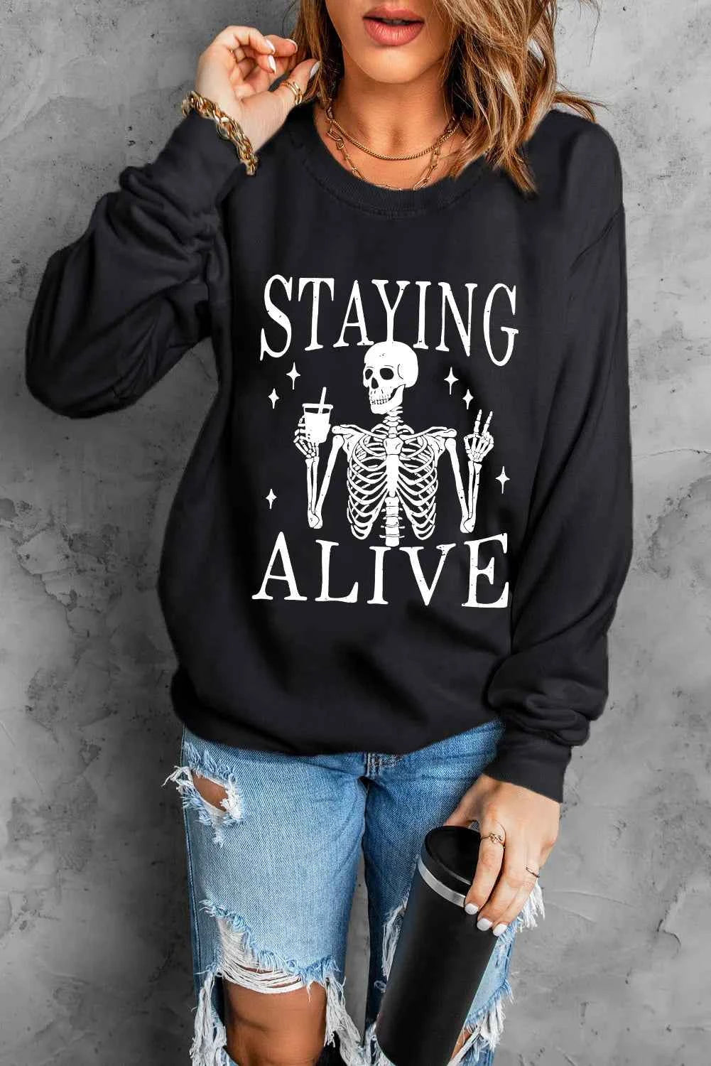 Skull Graphic Round Neck Long Sleeve Sweatshirt - Damned Threads