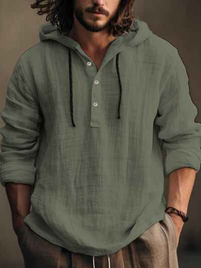 Men's Full Size Half Button Long Sleeve Hoodie - Damned Threads
