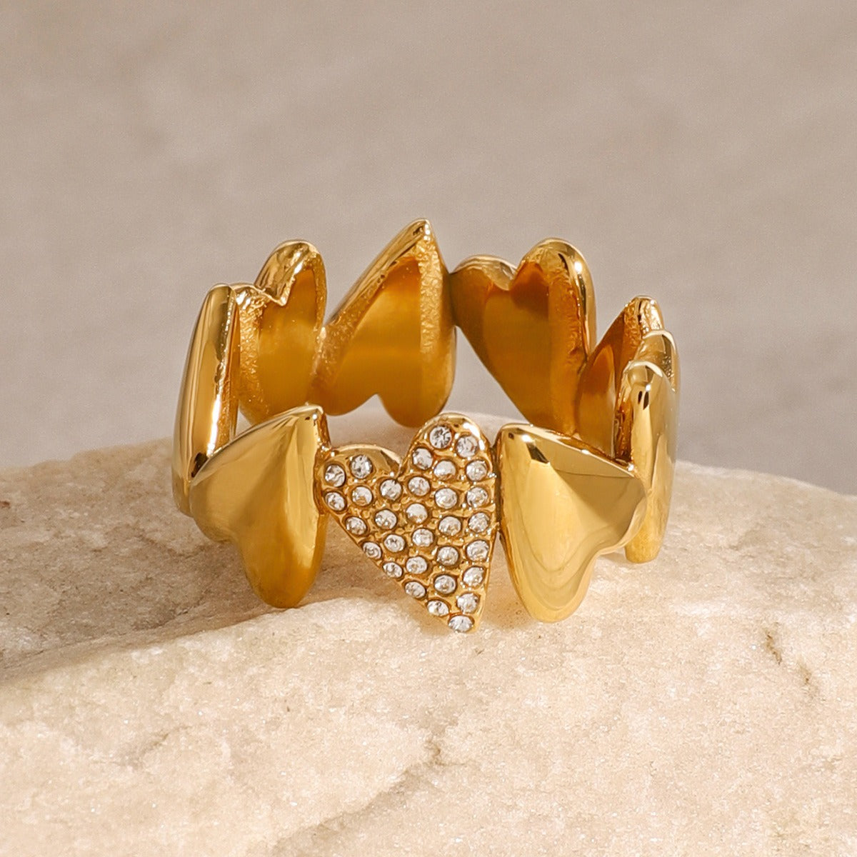 18K Gold & Rhinestone Geometric Heart Ring - Damned Threads