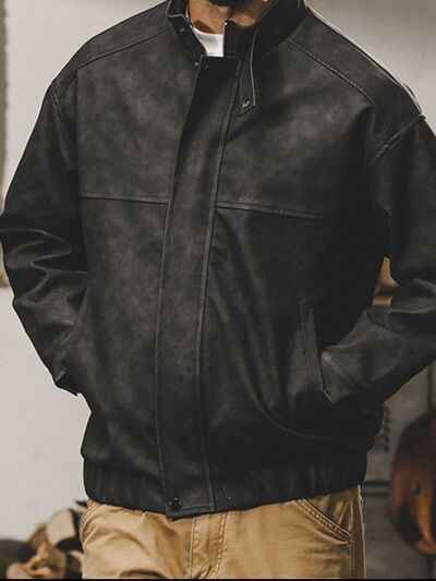 Men's Plus Size Zip Up Stand Collar Biker Jacket - Damned Threads