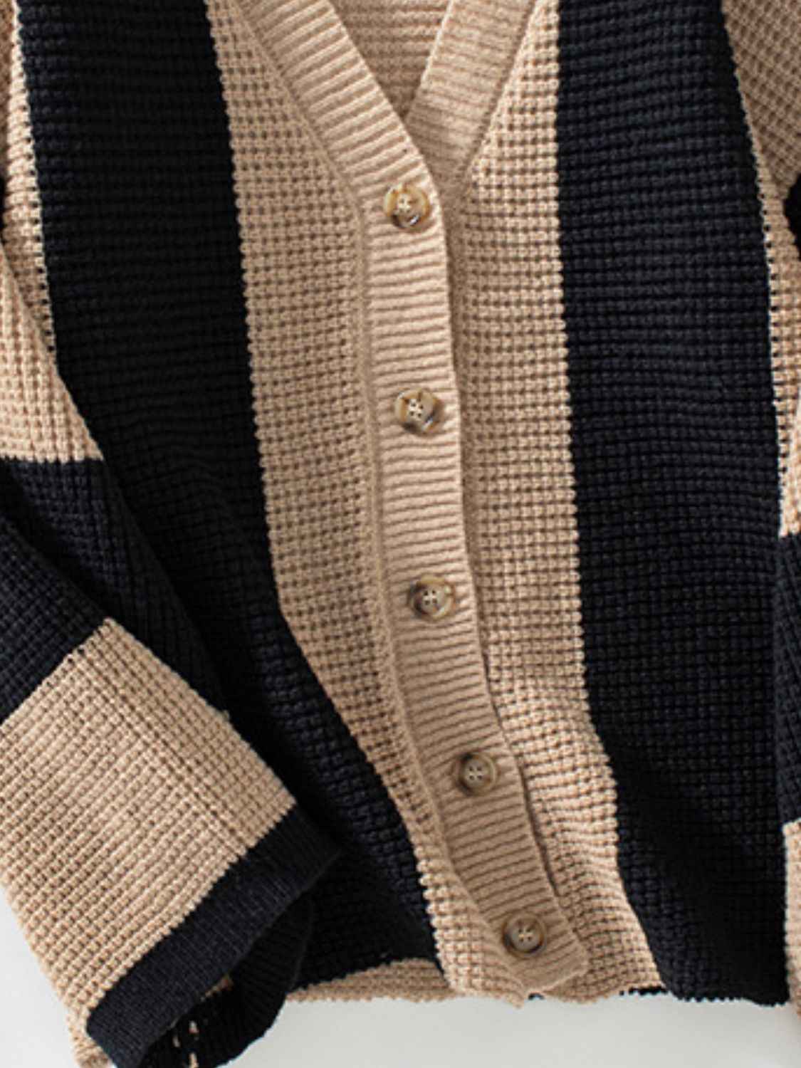 Waffle-Knit V-Neck Striped Long Sleeve Cardigan - Damned Threads