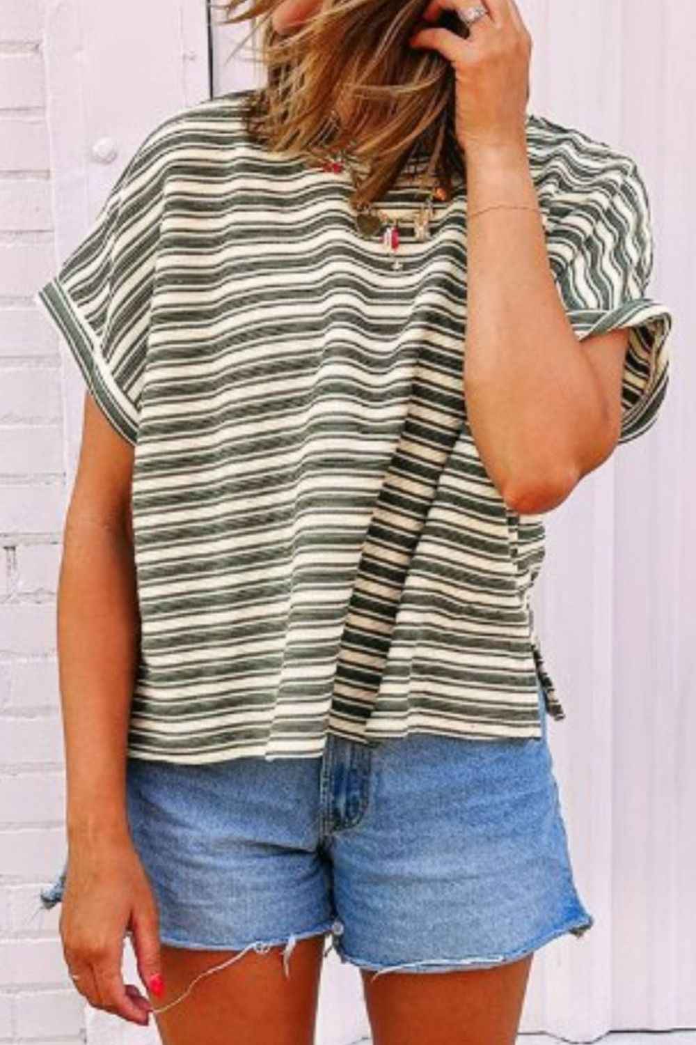 Stripe Textured Side Slit Crew Neck T-Shirt - Damned Threads