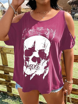 Plus Size Skeleton Graphic Round Neck Cold Shoulder T-Shirt - Damned Threads