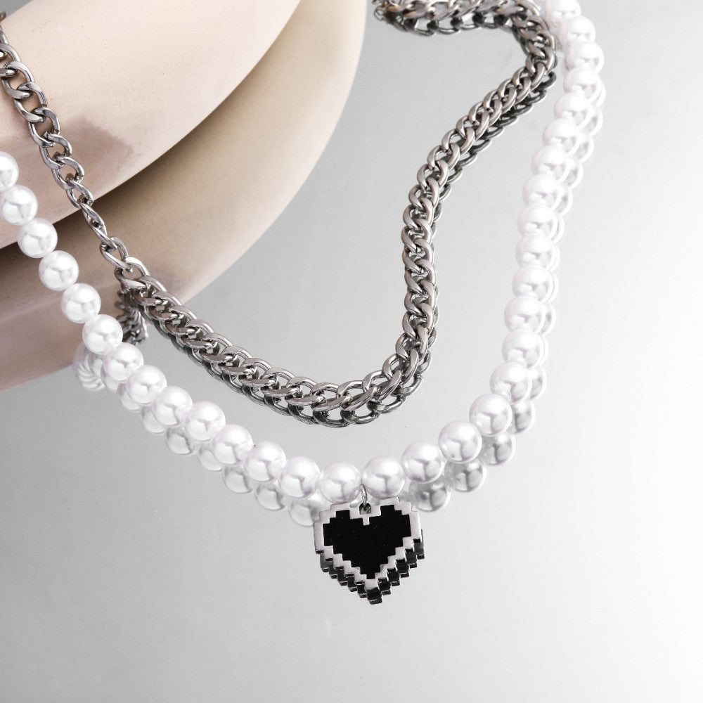 Double-Layer Chain & Pearl Heart Pendant Necklace - Damned Threads
