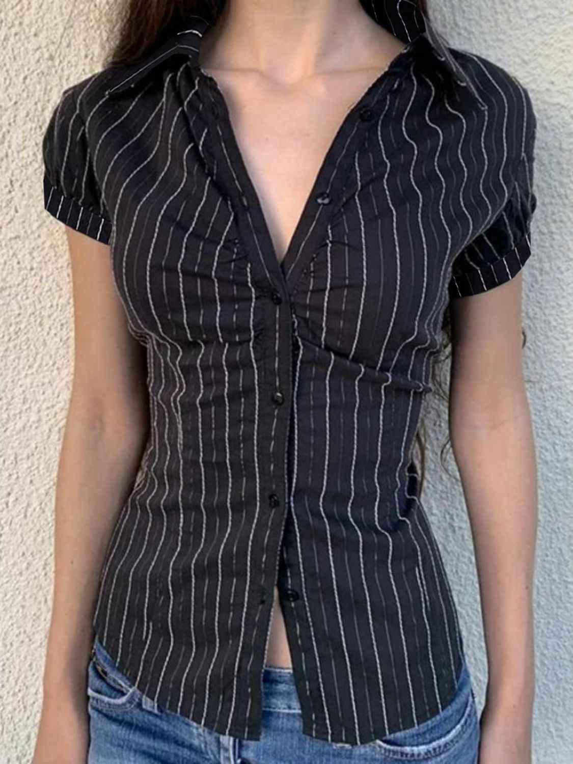 Devine Button Down Striped Collared Neck Short Sleeve Shirt - Damned Threads