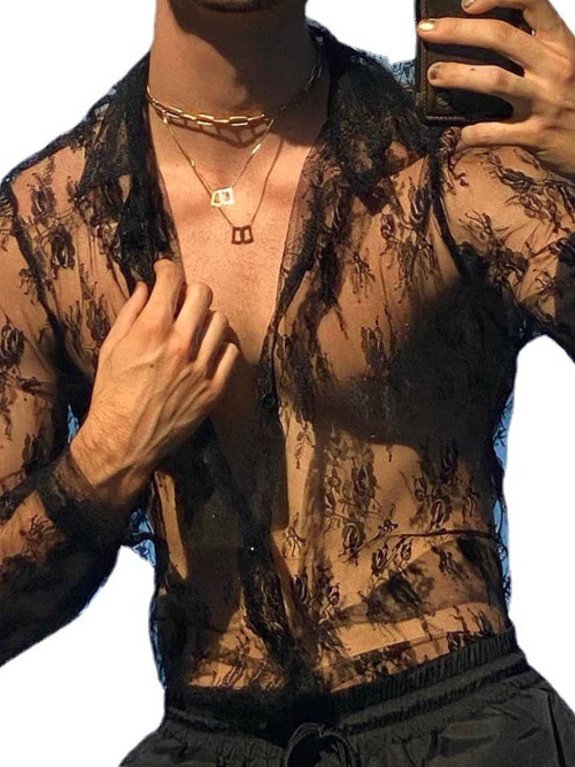 Men's Full Size Lace Long Sleeve Sheer Shirt Plus Size - Damned Threads