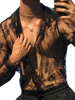 Men's Full Size Lace Long Sleeve Sheer Shirt Plus Size - Damned Threads