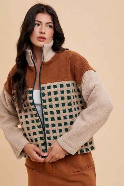 Annie Wear Plaid Zip Up Drop Shoulder Sherpa Jacket - Damned Threads