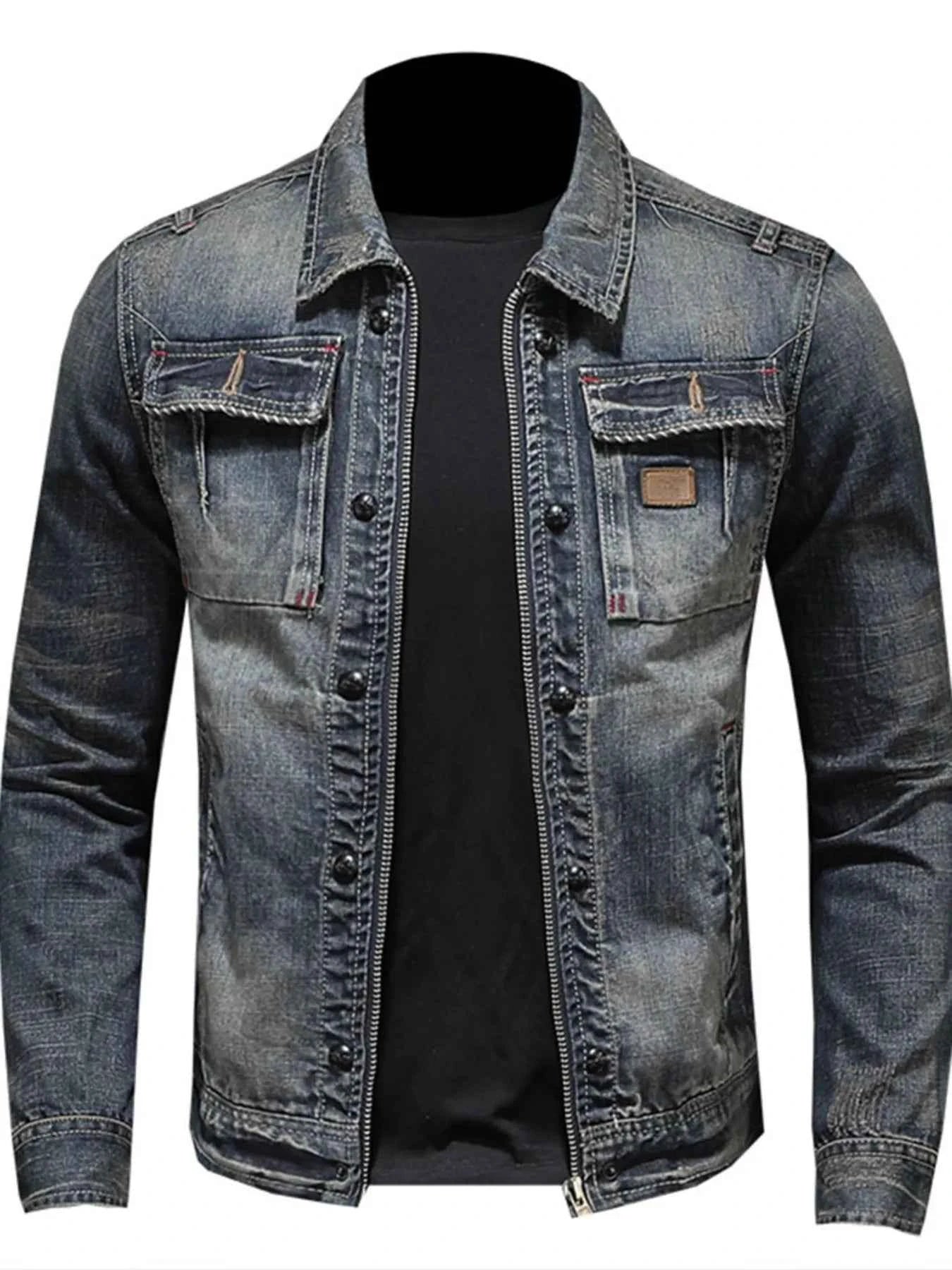 Men's Plus Size Washed Zip Up Denim Jacket with Chest Pockets