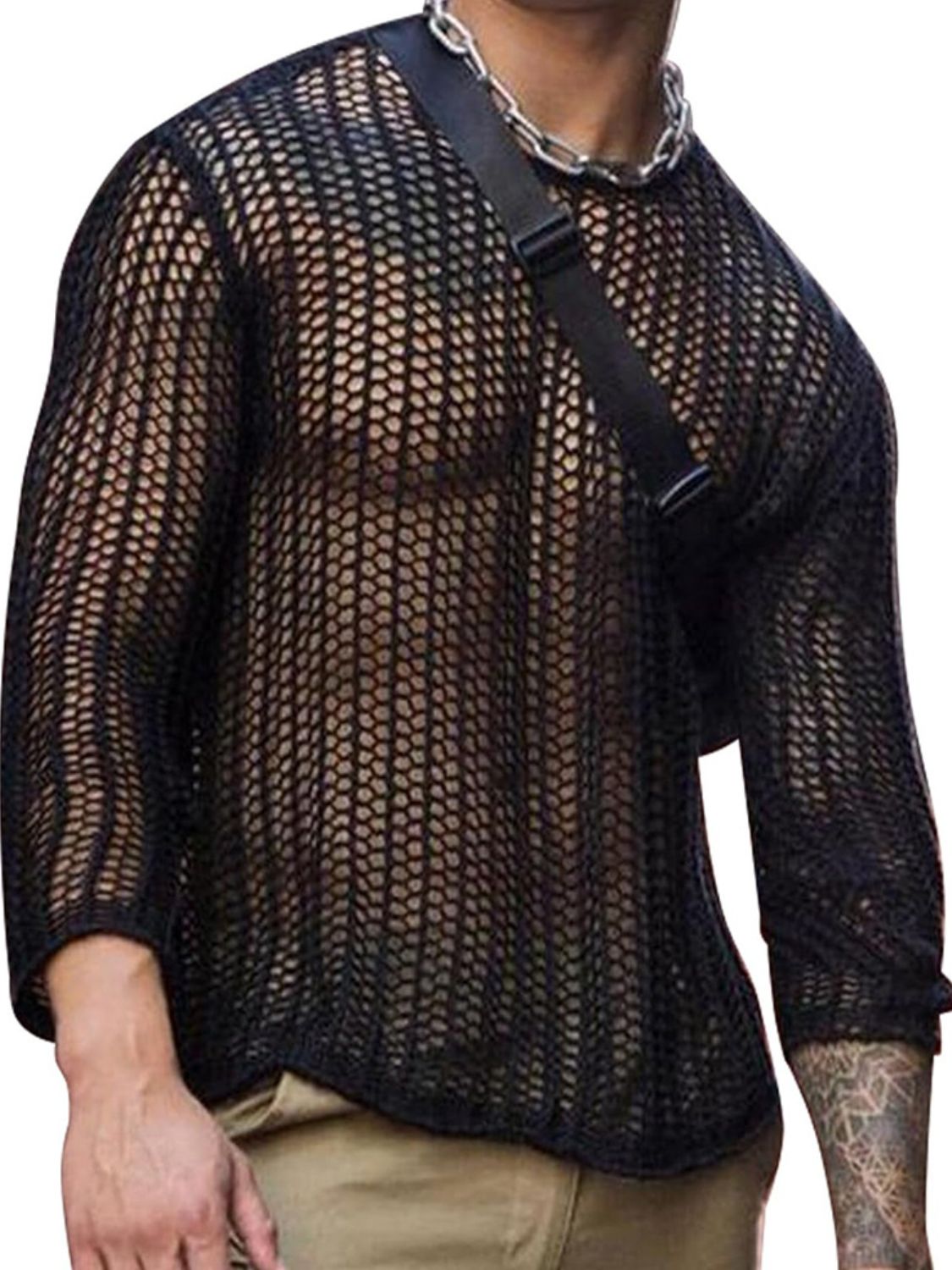 Men's Full Size Hollow Out Round Neck Long Sleeve Top Plus Size - Damned Threads