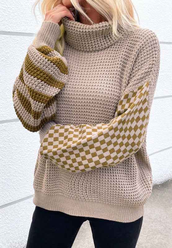Striped & Checkered Turtleneck Dropped Shoulder Sweater - Damned Threads