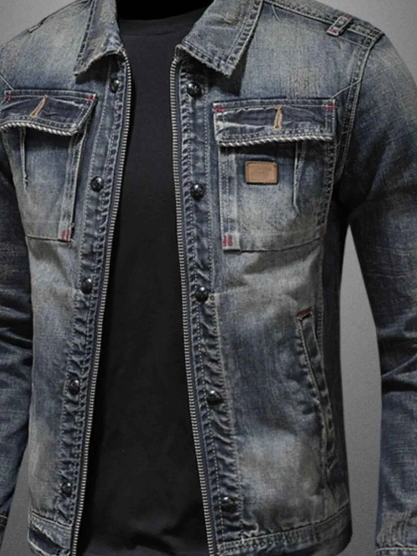 Men's Plus Size Washed Zip Up Denim Jacket with Chest Pockets