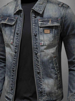 Men's Plus Size Washed Zip Up Denim Jacket with Chest Pockets