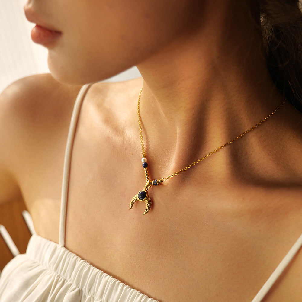 Inlaid Pearl Lapis Lazuli Horn Pendant Necklace - Damned Threads