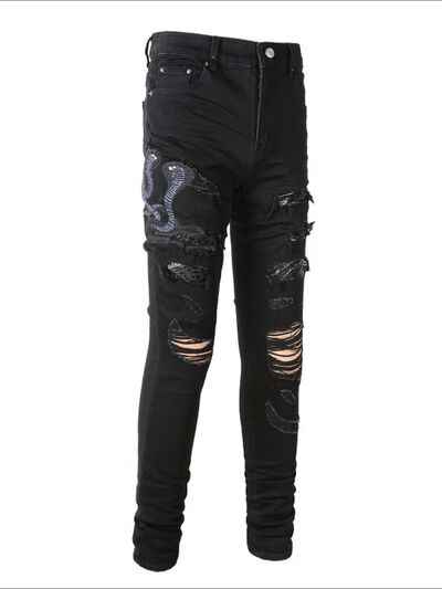 Men's Washed Snake Embroidered Slim Jeans - Damned Threads