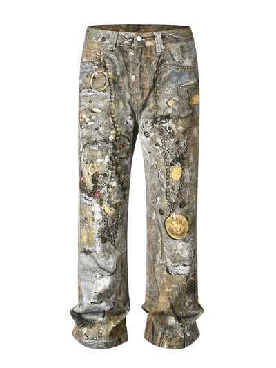 Men's Wide Straight Printed Jeans with Pockets - Damned Threads