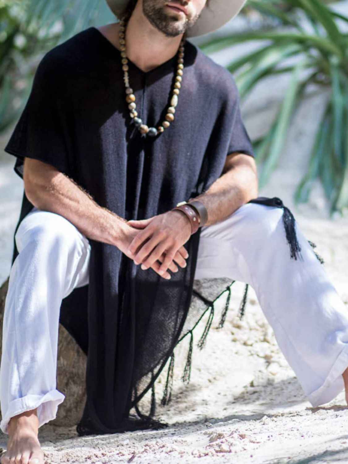 Men's Full Size Fringe V-Neck Half Sleeve Cover Up Plus Size - Damned Threads