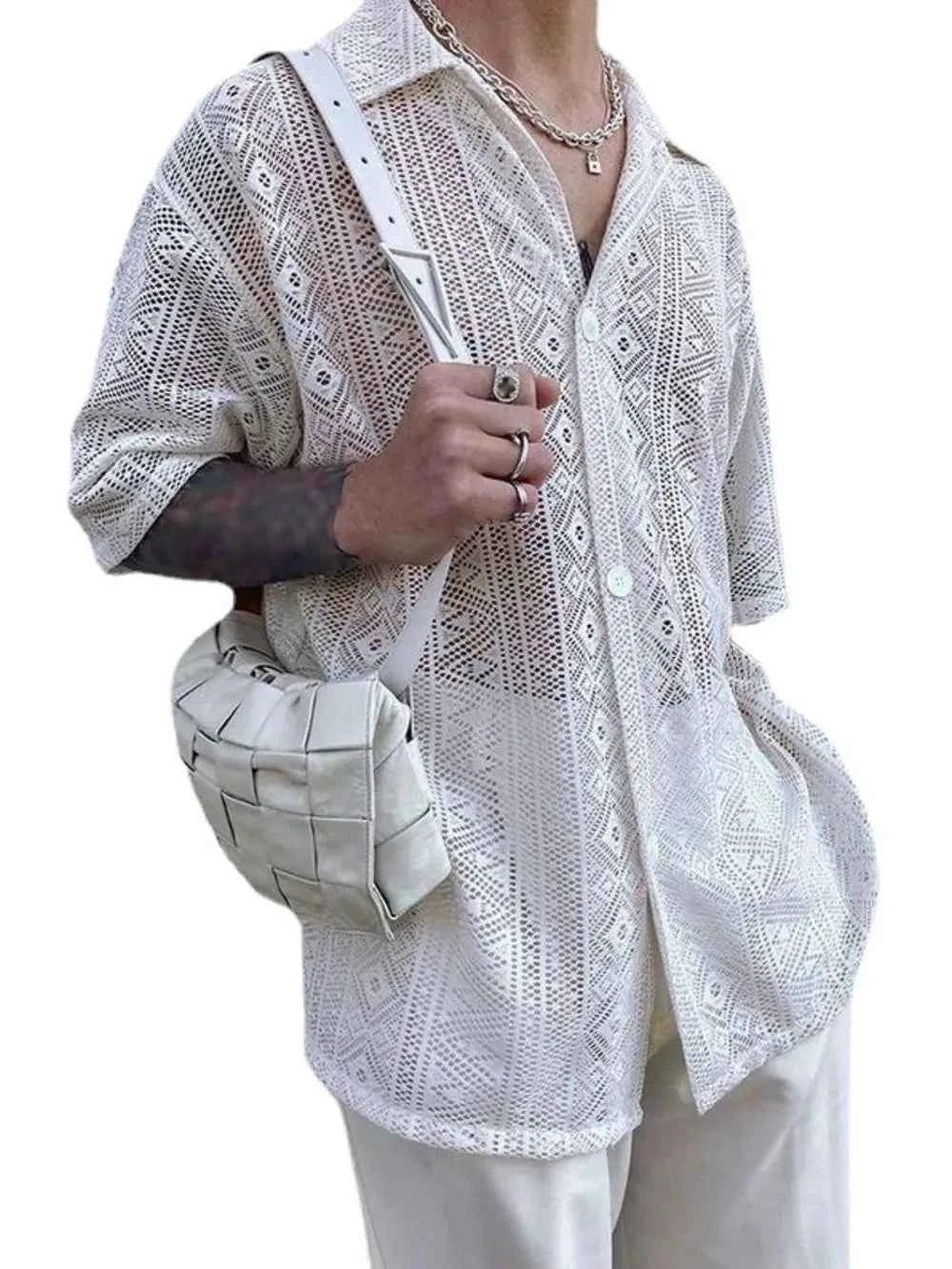 Men's Full Size Lace Half Sleeve Button Down Shirt Plus Size - Damned Threads