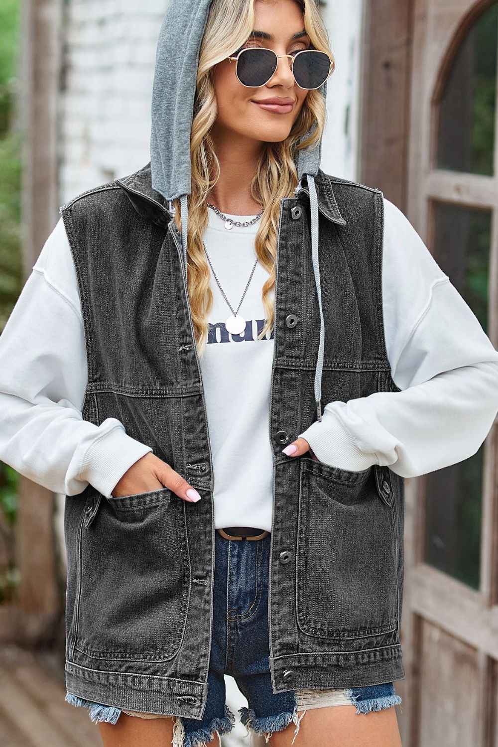 Sleeveless Denim Top with A Detachable Hood - Damned Threads